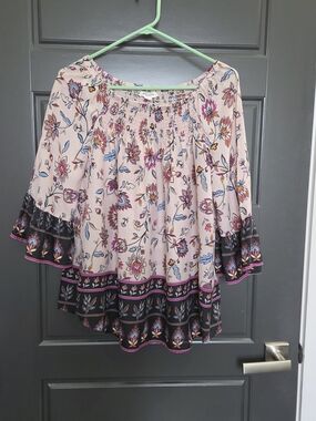 Beachlunchlounge Pink Floral Off-Shoulder Peasant Top with Black Trim